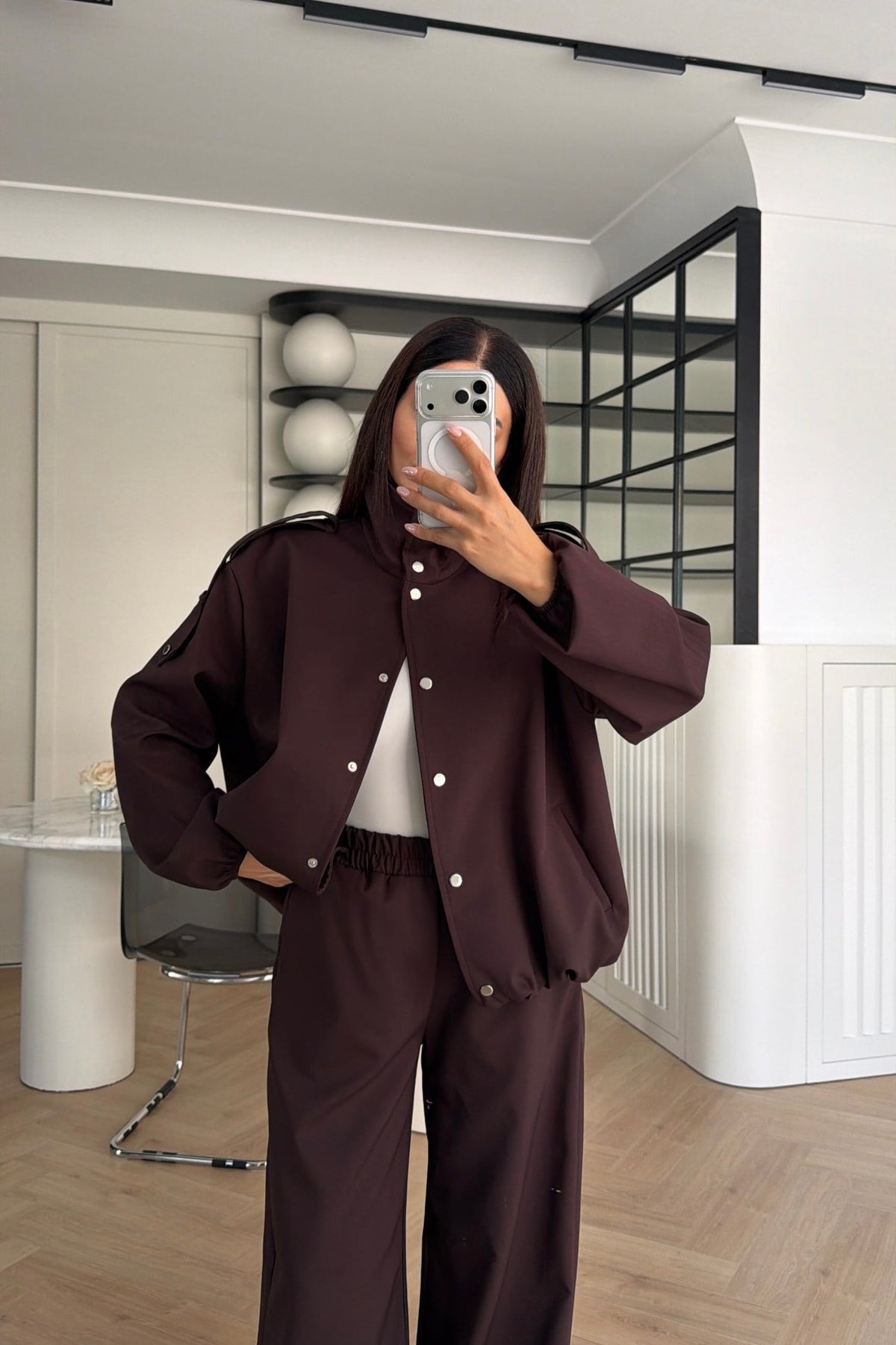 Bomber Suit with Epaulets and Stand-Up Collar - brown