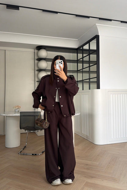 Bomber Suit with Epaulets and Stand-Up Collar - brown