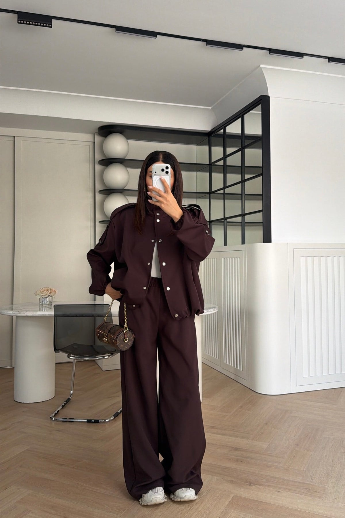 Bomber Suit with Epaulets and Stand-Up Collar - brown