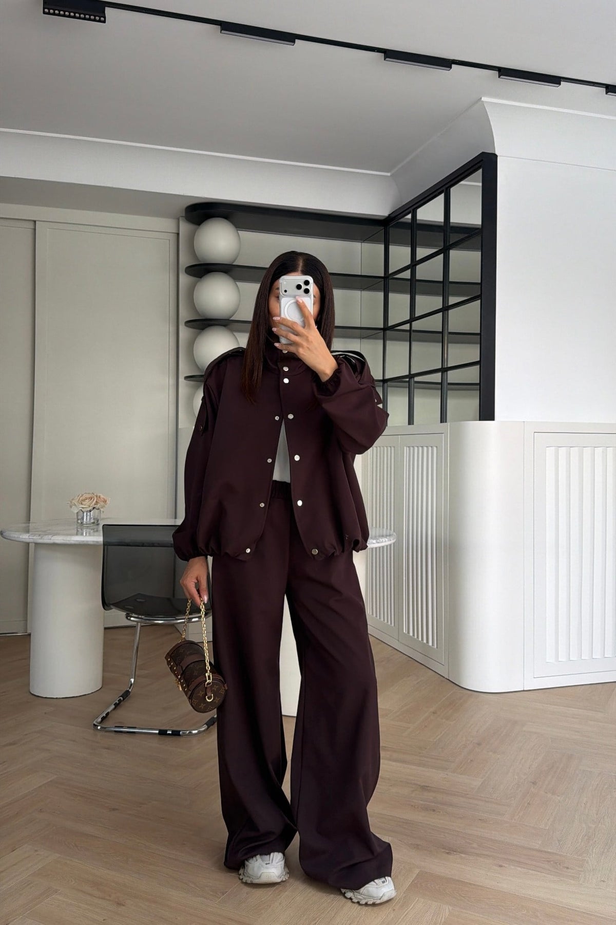 Bomber Suit with Epaulets and Stand-Up Collar - brown