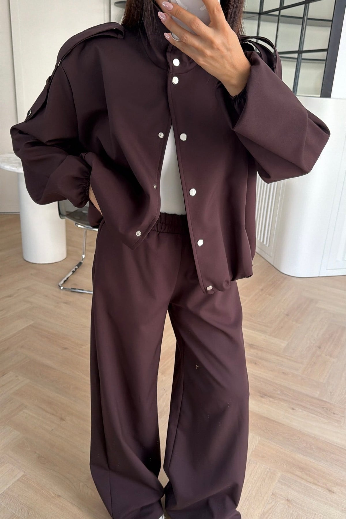 Bomber Suit with Epaulets and Stand-Up Collar - brown