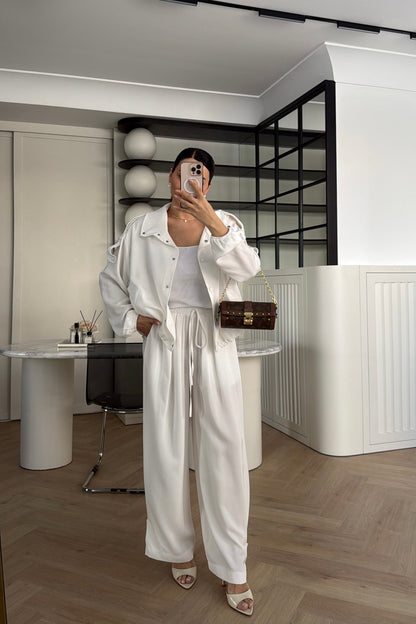 Tencel Bomber Jacket and Pants Set with Epaulets