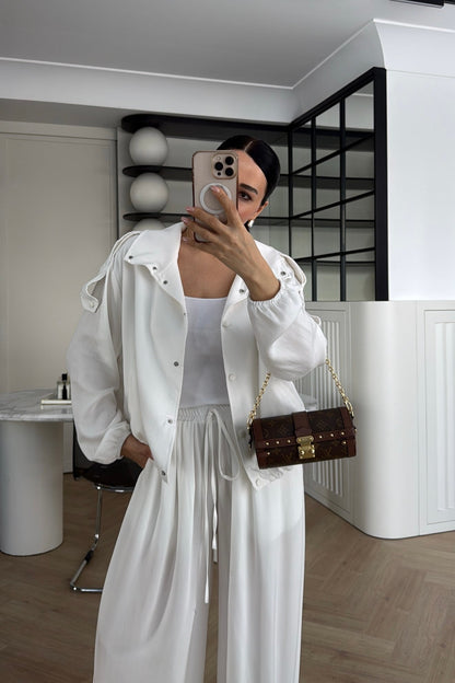 Tencel Bomber Jacket and Pants Set with Epaulets
