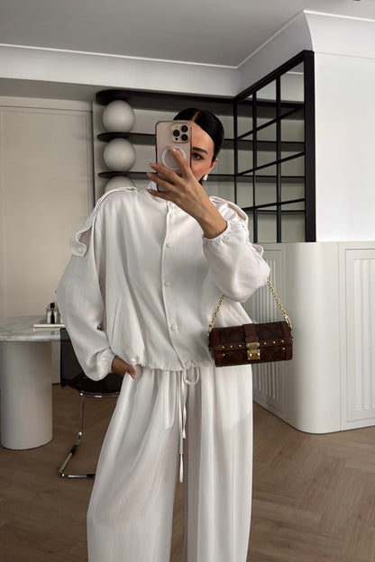 Tencel Bomber Jacket and Pants Set with Epaulets