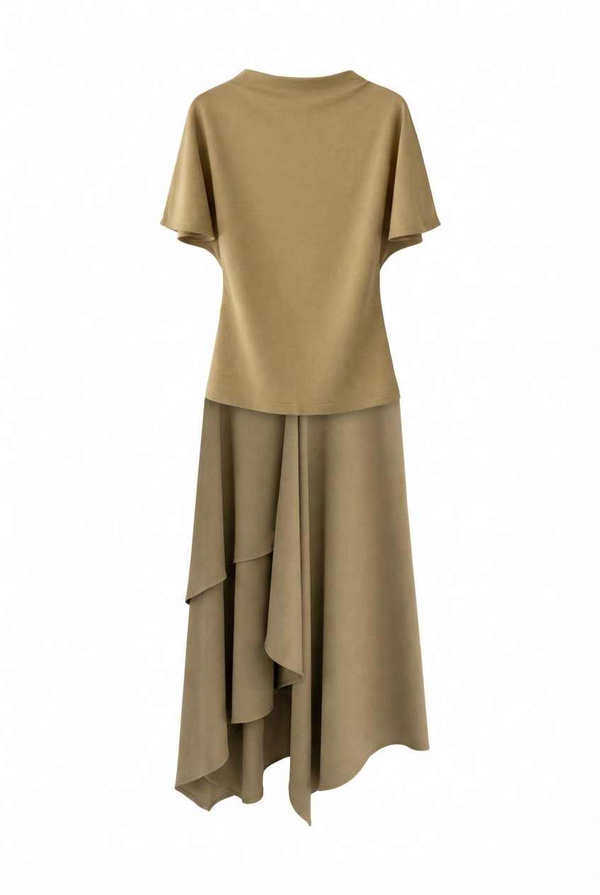 Zara model Loose-fitting top with crew neck  ,Flowing mid-waist midi skirt with an asymmetric hem.