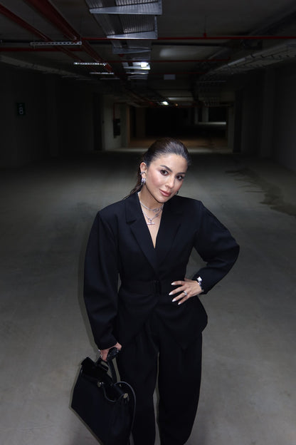 Black Double-Breasted blazer with Belt Detail