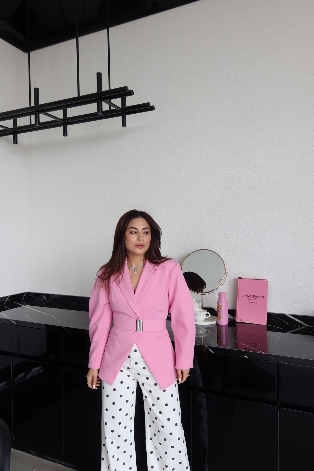 Pink Double-Breasted blazer with Belt Detail