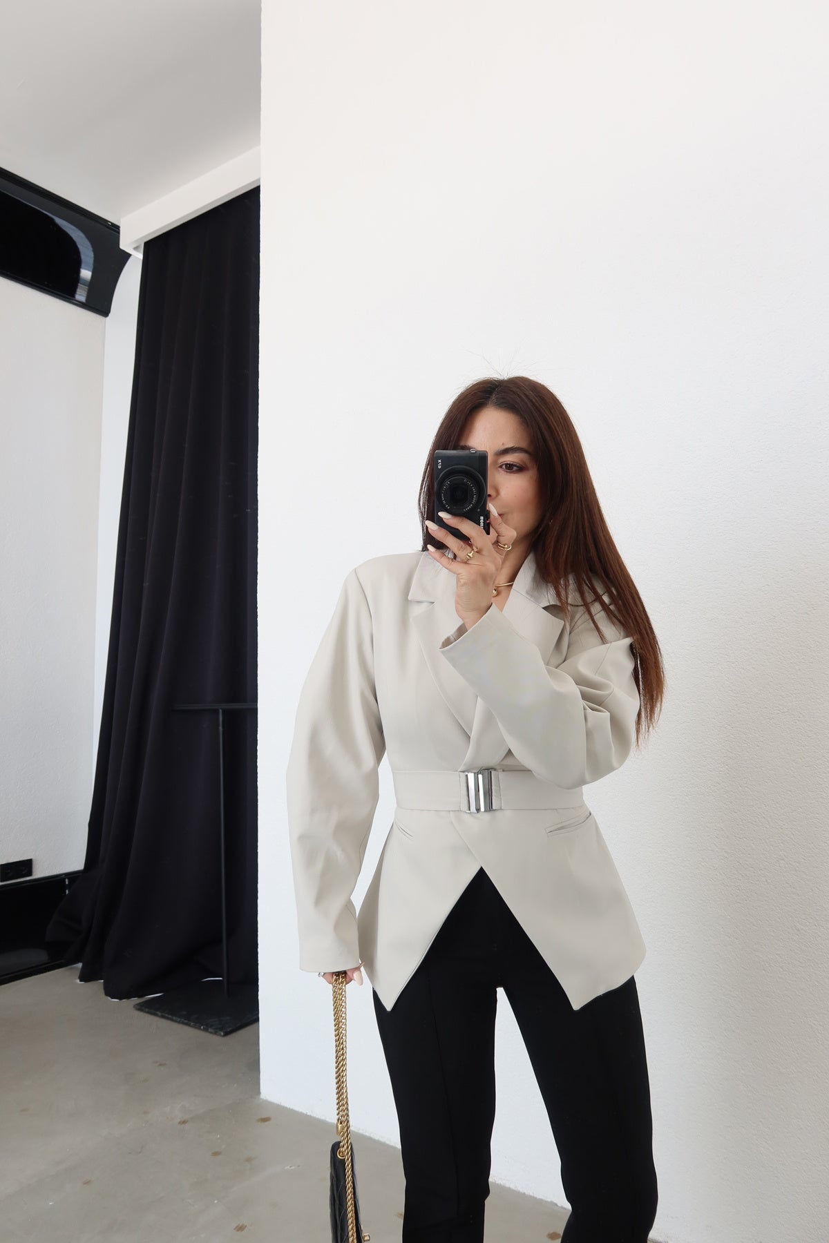 Beige Double-Breasted blazer with Belt Detail