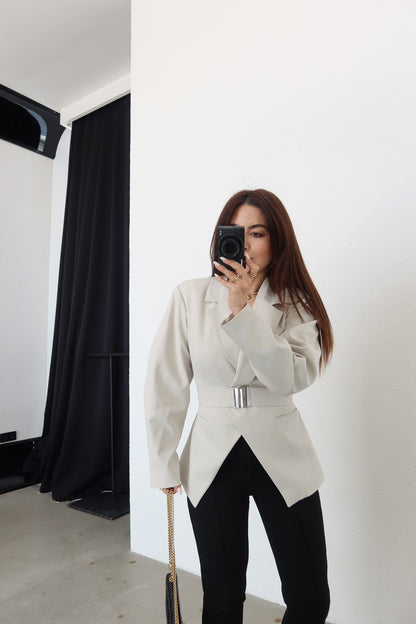 Beige Double-Breasted blazer with Belt Detail