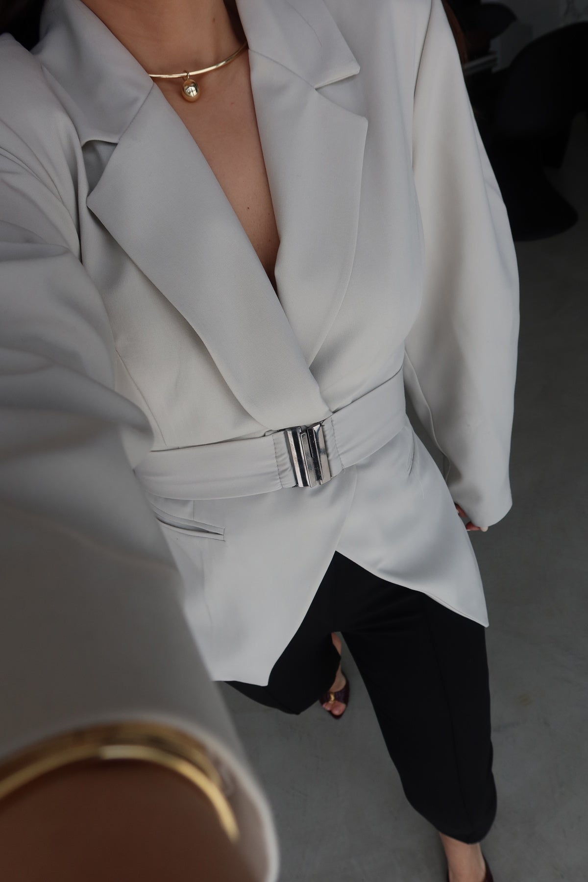 Beige Double-Breasted blazer with Belt Detail