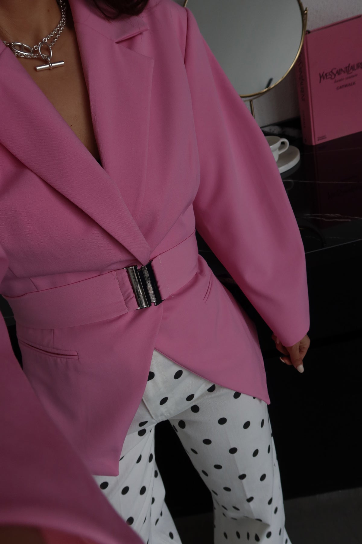 Pink Double-Breasted blazer with Belt Detail