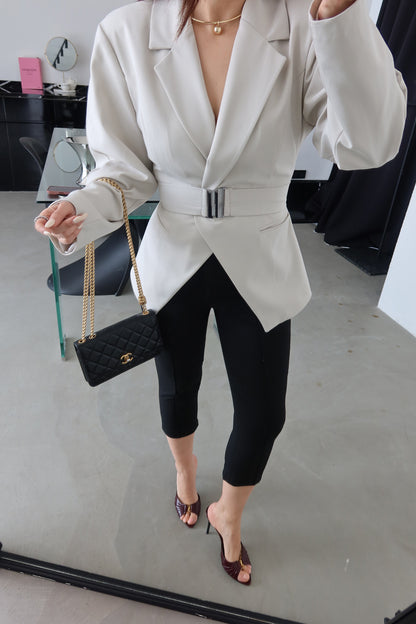 Beige Double-Breasted blazer with Belt Detail
