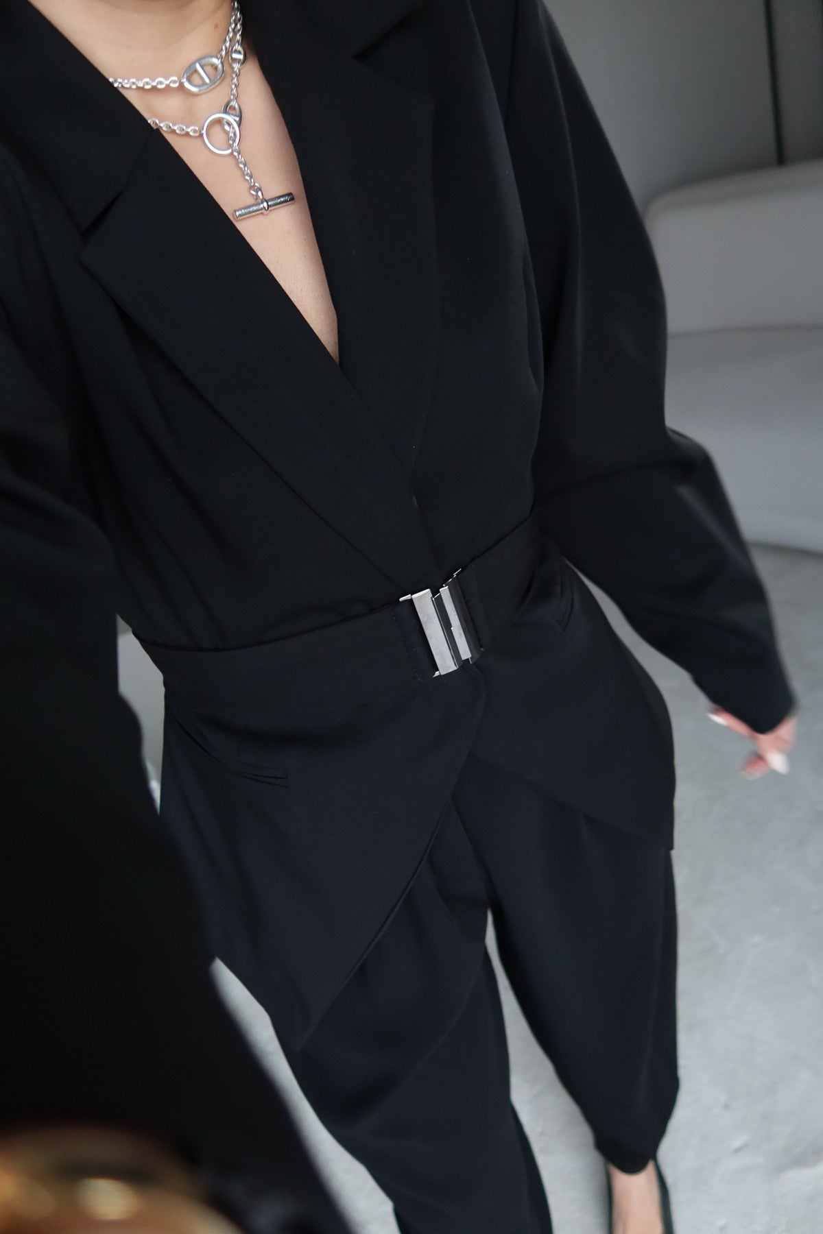 Black Double-Breasted blazer with Belt Detail