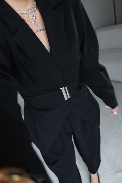 Black Double-Breasted blazer with Belt Detail