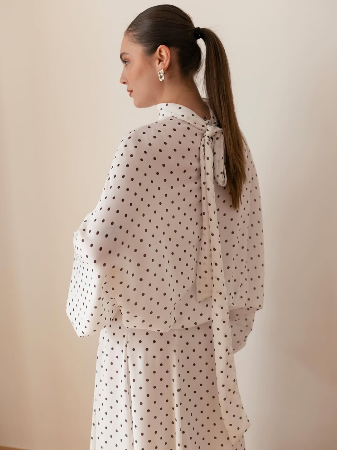 Polka Dots Bell Skirt Set-white with brown dots