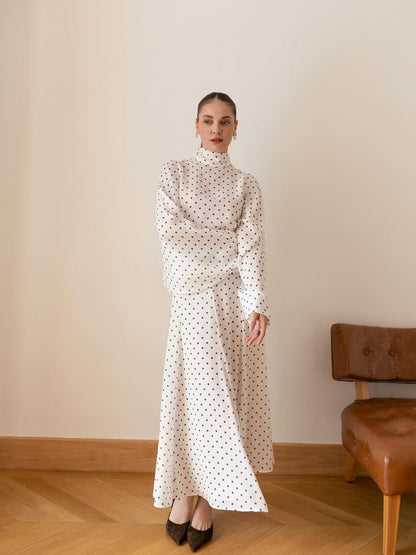 Polka Dots Bell Skirt Set-white with brown dots