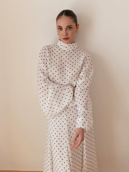 Polka Dots Bell Skirt Set-white with brown dots