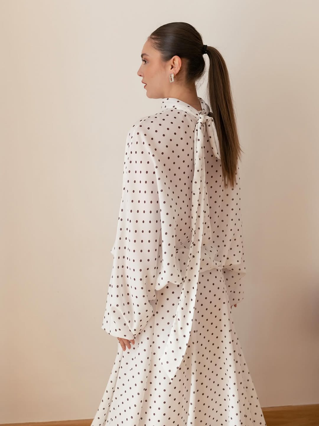 Polka Dots Bell Skirt Set-white with brown dots