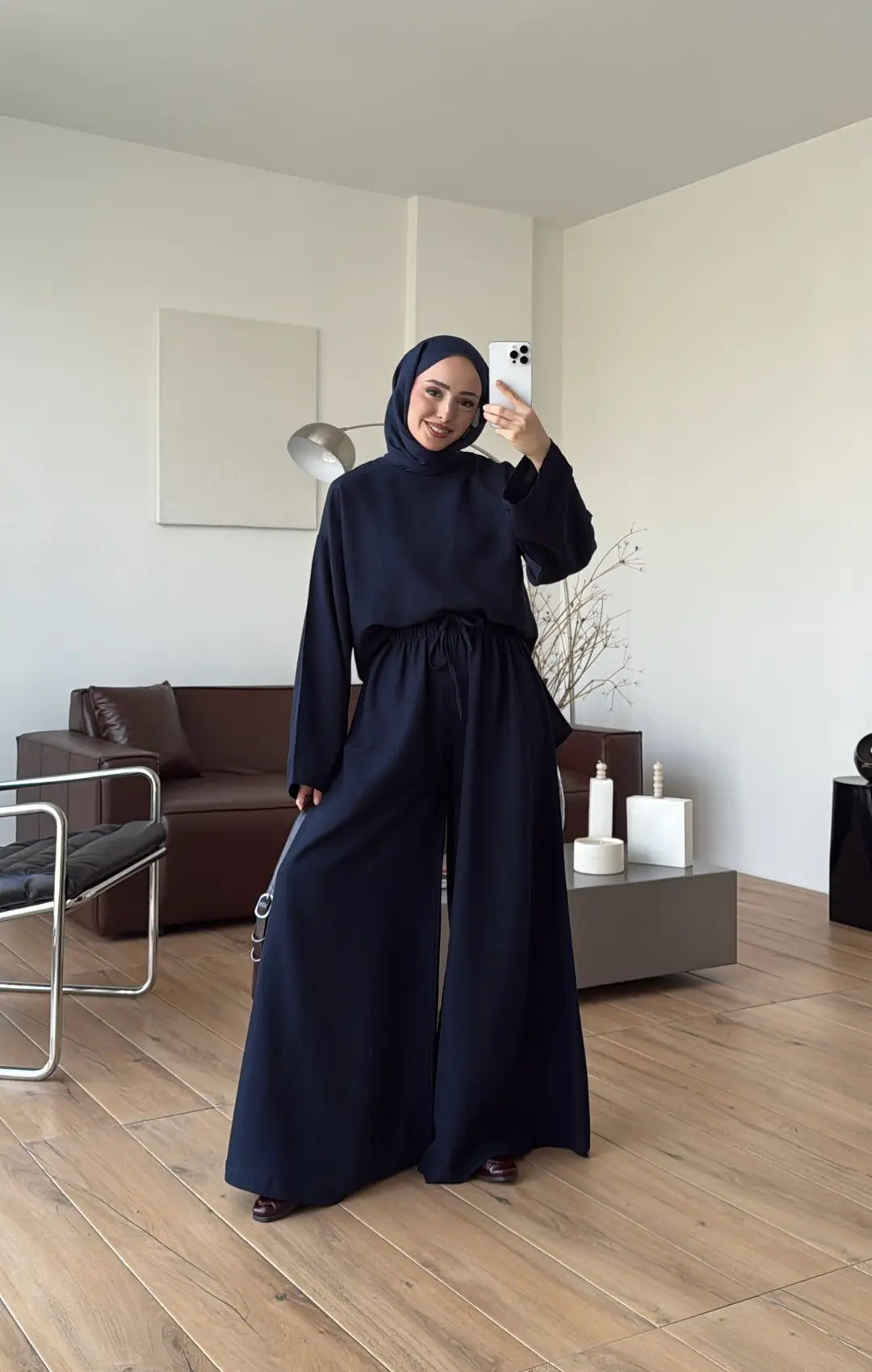 Linen Wide-Leg Blouse Set - navy blue
