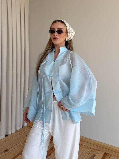 Chinese Buttoned Transparent Shirt - blue