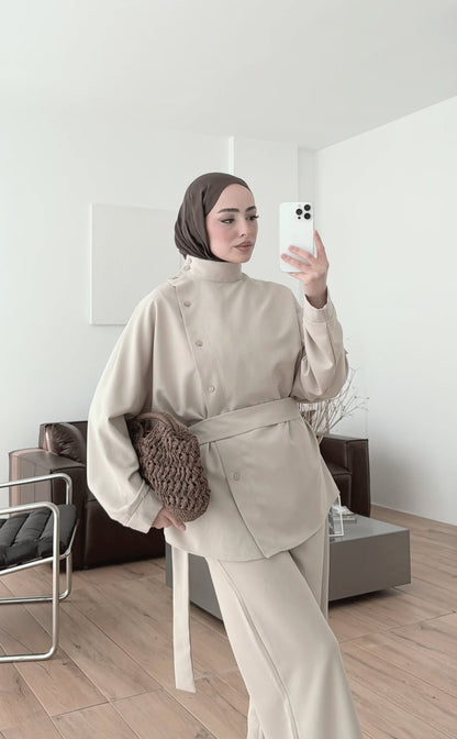 Belted side buttons shirt ,waistband straight leg trouser co-ord set-beige