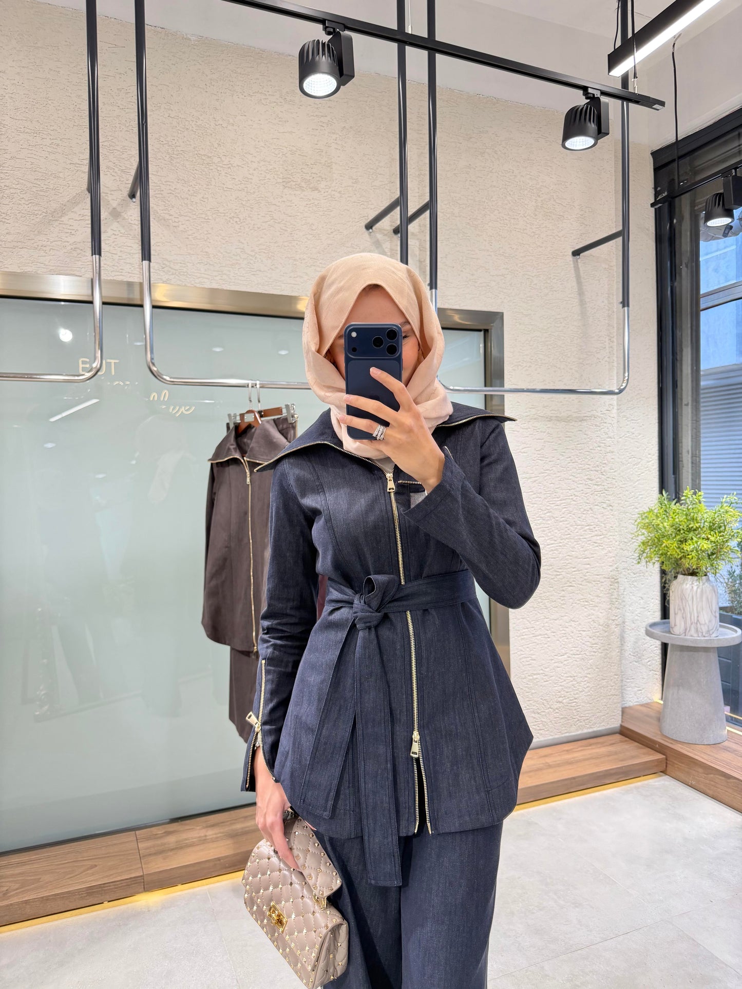 Full-zip denim shirt with side-zip straight-leg trousers co-ord set - navy blue