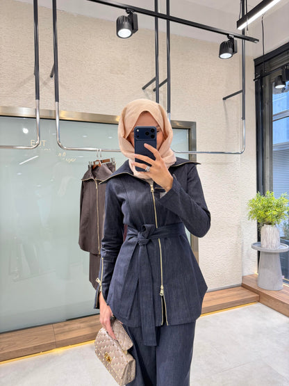 Full-zip denim shirt with side-zip straight-leg trousers co-ord set - navy blue