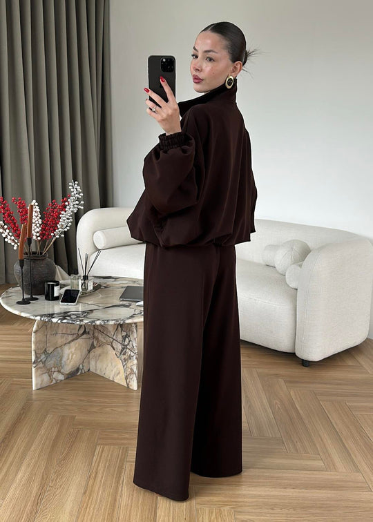 Oversized bomber with wide leg trouser co-ord set- brown