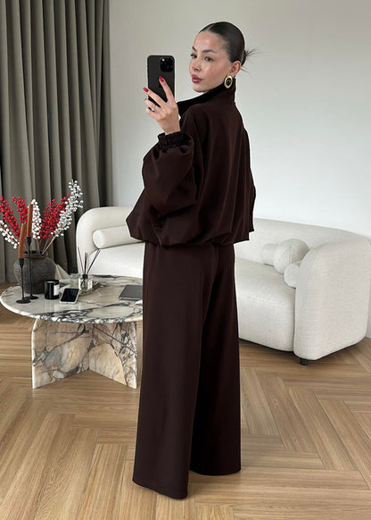 Oversized bomber with wide leg trouser co-ord set- brown