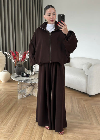 Oversized bomber with wide leg trouser co-ord set- brown