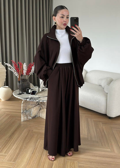 Oversized bomber with wide leg trouser co-ord set- brown