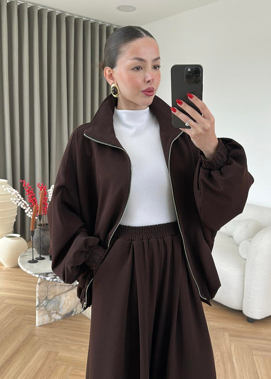 Oversized bomber with wide leg trouser co-ord set- brown