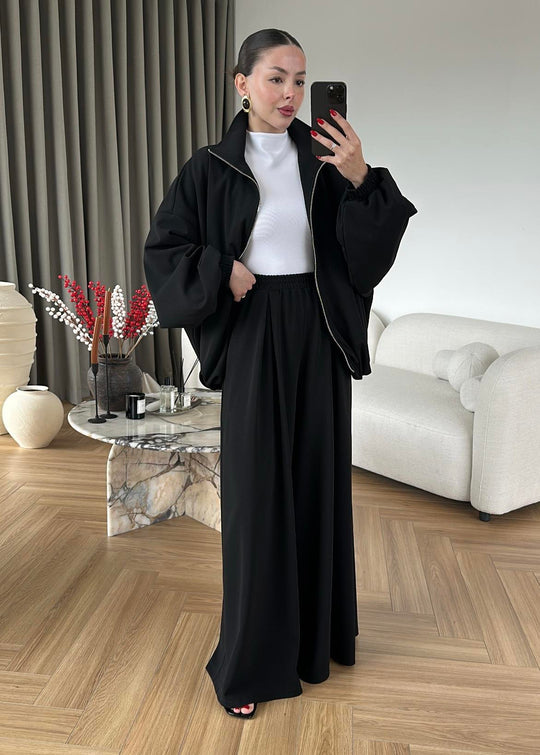 Oversized bomber with wide leg trouser co-ord set- brown