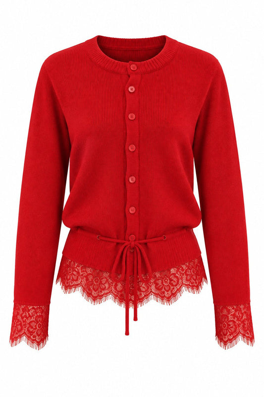 Lace Detail Knitted Cardigan - Red