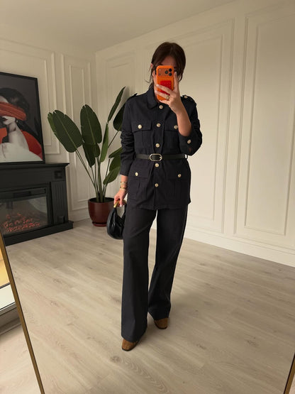 Belted double Pocket jeans suit