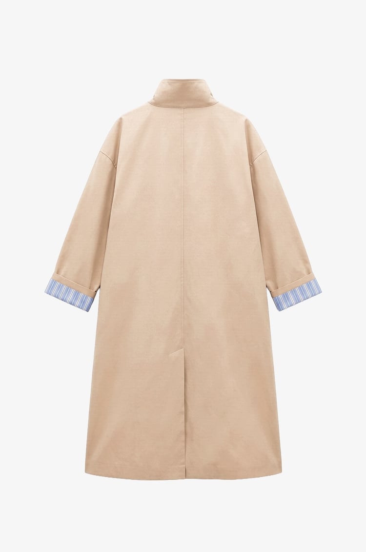 Striped lining Trench coat with folded Sleeve Detail - beige