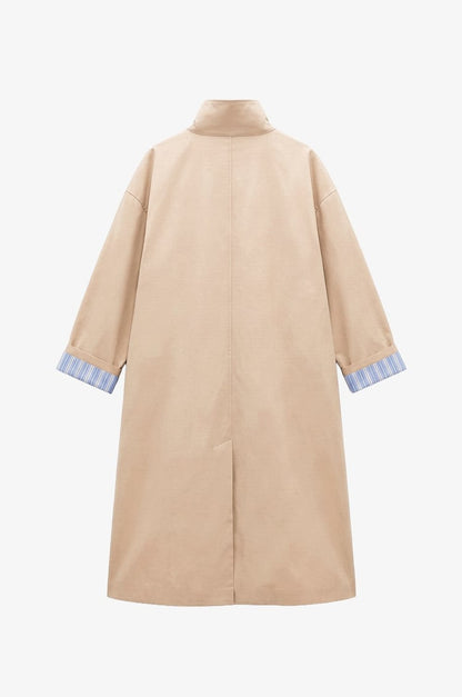 Striped lining Trench coat with folded Sleeve Detail - beige