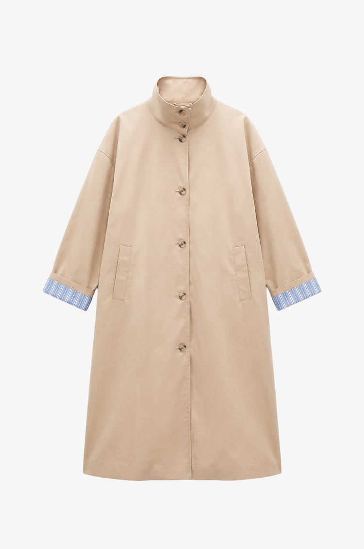 Striped lining Trench coat with folded Sleeve Detail - beige