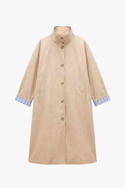Striped lining Trench coat with folded Sleeve Detail - beige