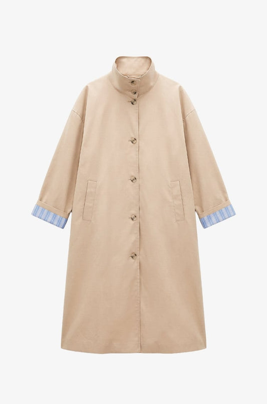 Striped lining Trench coat with folded Sleeve Detail - beige