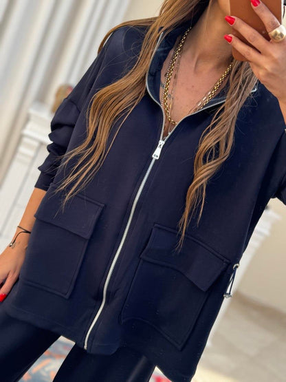 Modal fabric Suit with Waist Gathering Detail - navy blue