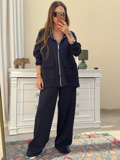 Modal fabric Suit with Waist Gathering Detail - navy blue