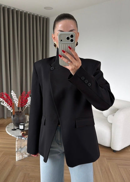 Asymmetrical Mandarin Collar blazer with Button Details - black