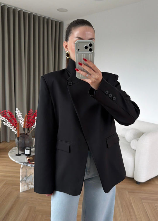 Asymmetrical Mandarin Collar blazer with Button Details - black