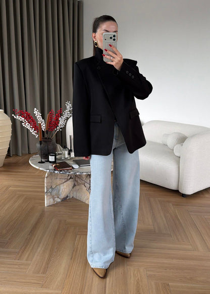 Asymmetrical Mandarin Collar blazer with Button Details - black
