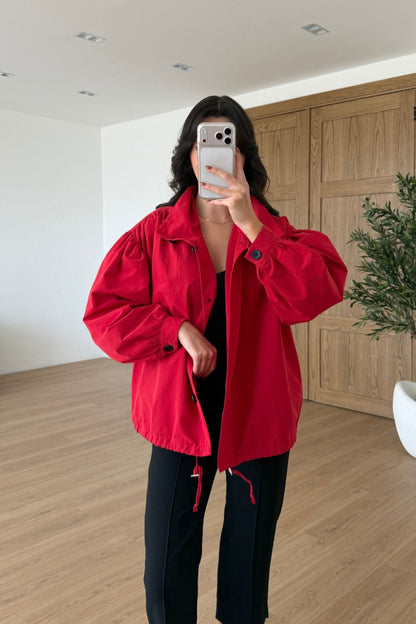 Gathered Stand-Up Collar Bomber Jacket - red