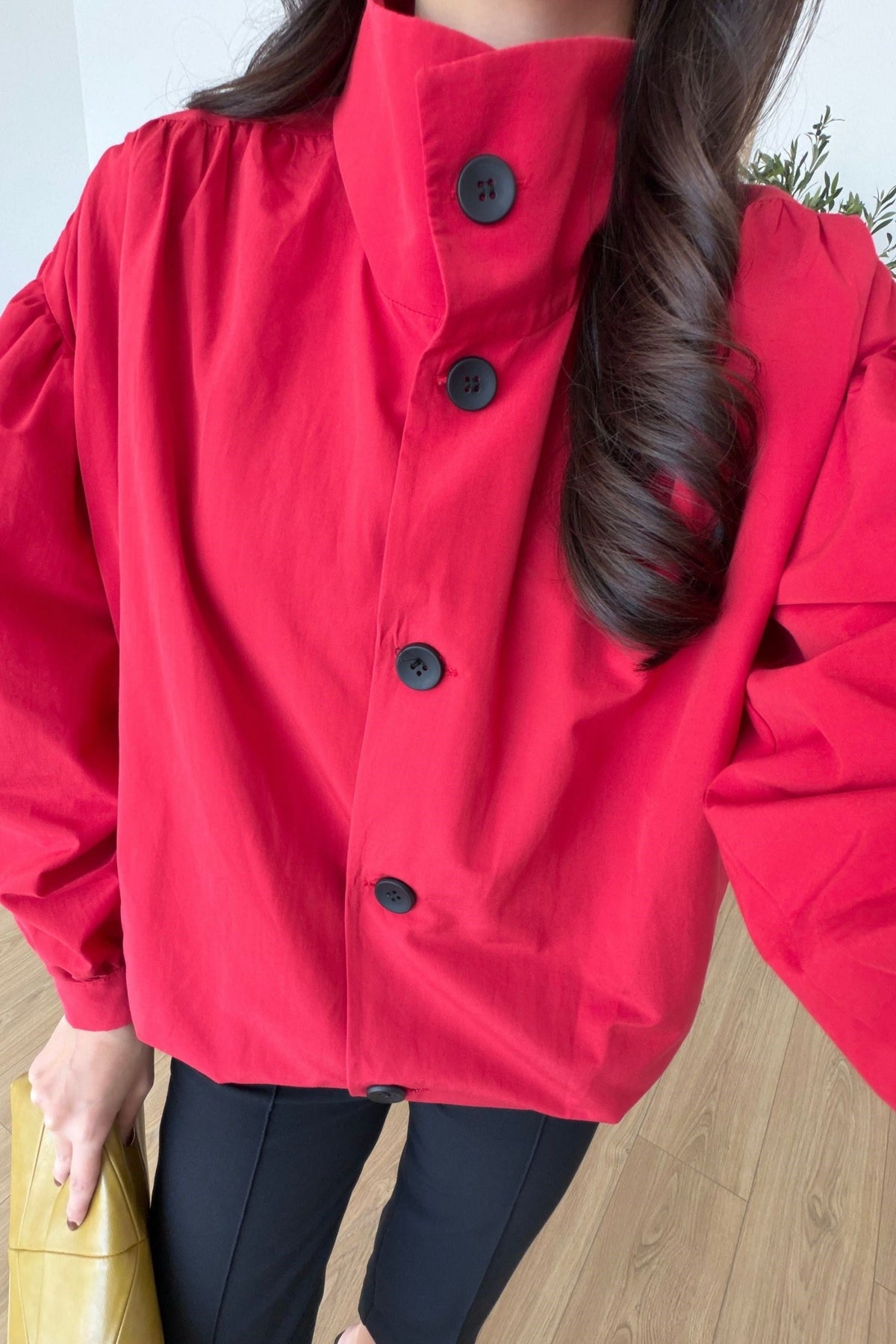 Gathered Stand-Up Collar Bomber Jacket - red