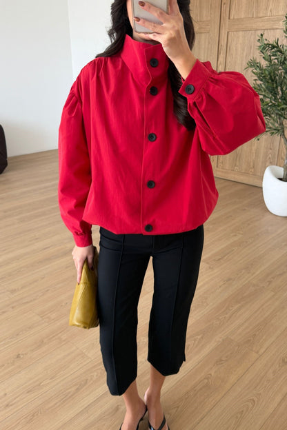 Gathered Stand-Up Collar Bomber Jacket - red
