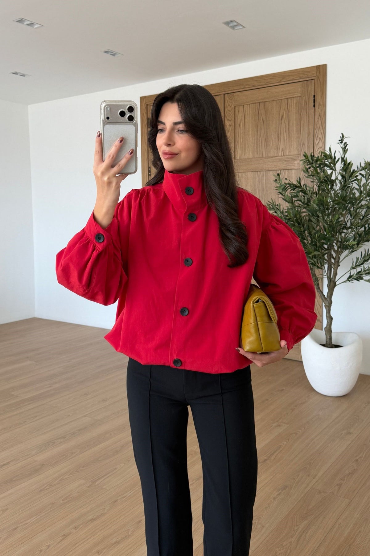 Gathered Stand-Up Collar Bomber Jacket - red