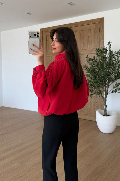 Gathered Stand-Up Collar Bomber Jacket - red